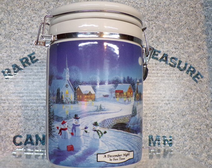 2209 Hermetic Seal Stoneware Canister A December Night 8" Tall Christmas Scene by Sam Timm- Wild Wings LLC Lake City, MN- No Chips or Cracks