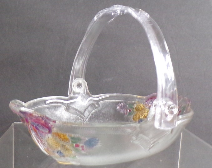 2210 Mikasa Crystal Treasures "Holiday Bells" Colored Textured Basket with Plastic Handle Vintage 9.5"x6.5" - No Chips or Cracks