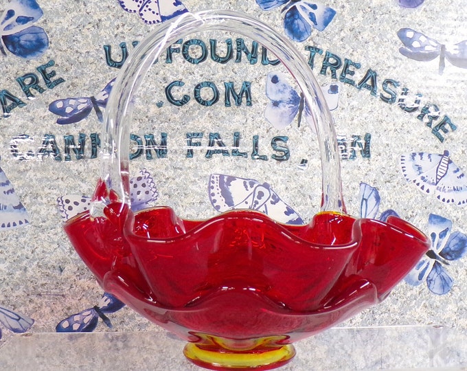 2210 Viking Glass Ruby Red Glass Double Layer Ruffle 8" Vintage Basket w/Clear Handle- Great Condition No Chips or Cracks