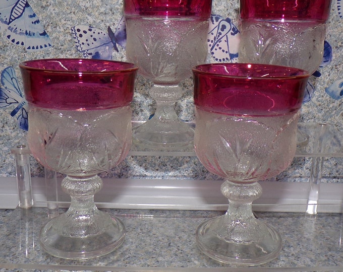2210 Indiana Glass Pebble Leaf Wine Goblet 5.25" Twiggy 12 oz Stemmed Goblet with Ruby Flash Rim Set of 4 - Great Condition