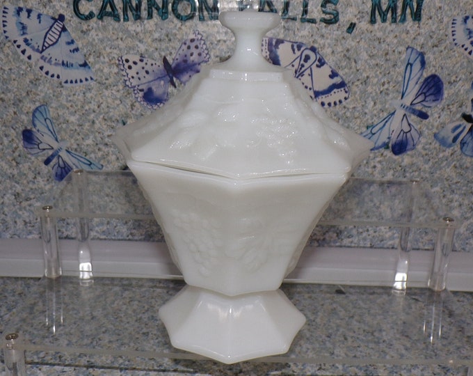 2210 Indiana Glass Milk Glass Footed Hexagon Vintage Dish with Lid- Grape & Cable 8"H x 6.5"W - No Chips or Cracks