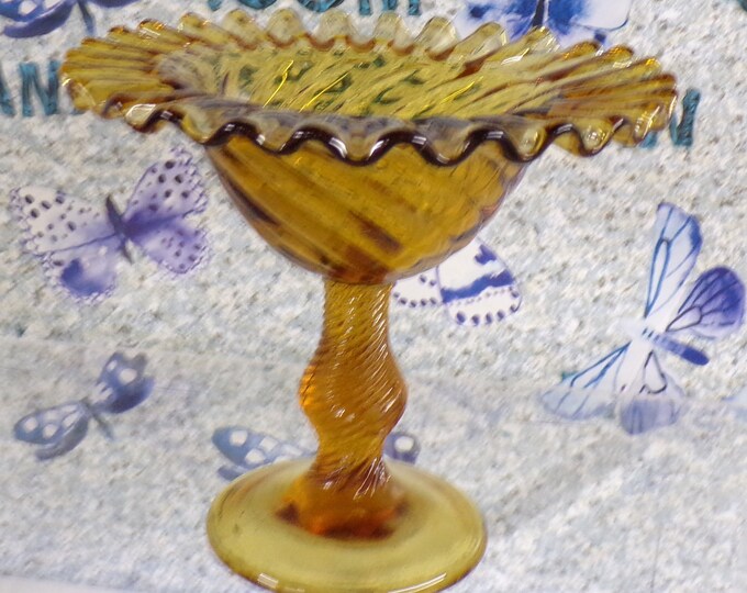 2210 Amber Glass Swirl Twist Pedestal Compote Candy Dish Vintage 5.5" Tall x 6" Wide - Good Condition No Chips or Cracks
