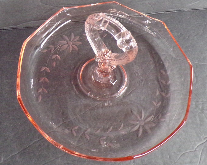 2212 Center Handle Bon-Bon 8.5" Etched Floral Serving Dish Vintage Peach / Pink Depression Glass - Good Condition No Chips or Cracks