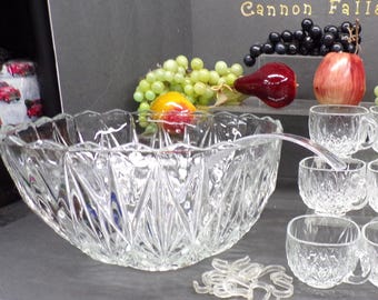 2410 Hazel Atlas Williamsport Square Prism Vintage Punch Set 11" Bowl, 11 Cups, 11 Plastic Hooks & Ladle Good Cond. Tiny Smooth Chip on Bowl