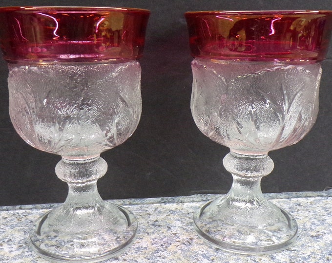 2211 Indiana Glass Pebble Leaf Wine Goblet 5.25" Twiggy 12 oz Stemmed Goblet with Ruby Flash Rim Vintage Set of 2 - Great Condition