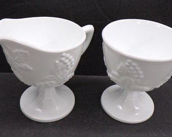 2211 Indiana Glass 4" Harvest Grape Milk Glass Footed Cream & Sugar Vintage Set - Good Condition No Chips or Cracks