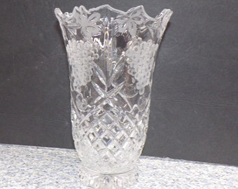 2211 Lead Crystal Pineapple Cut Vintage 9" Vase with Frosted Grapes & Leaves - No Chips or Cracks