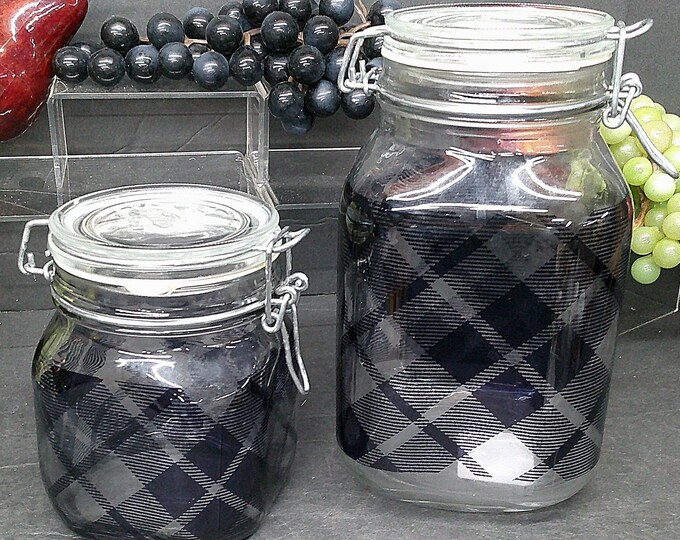 2401 Bormioli Rocco Fido Hermetic Seal Vintage Jars in Plaid Set of 2 - 5.5" & 8.75" Tall Made in Italy - Great Condition