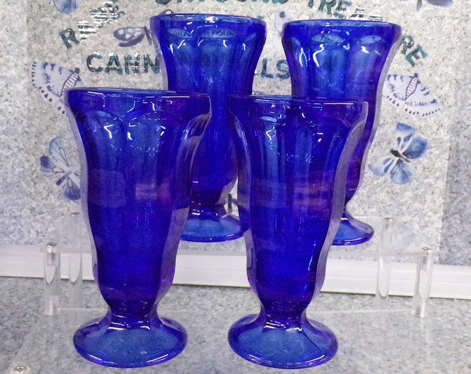 2210 Anchor Hocking 7" Tall Cobalt Blue Footed Tulip Shaped Malt / Sundae Cups Set of 4 - No Chips or Cracks