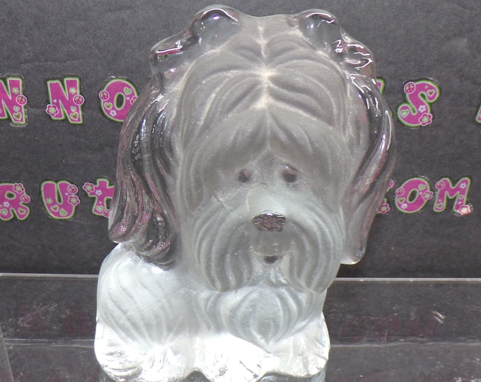 2212 Viking Glass Clear Glossy / Frosted Shitzu Dog Vintage Paperweight Figurine 6" Tall Flat Back - Good Condition No Chips or Cracks