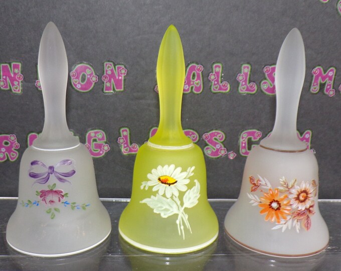 2212 Westmoreland Frosted Bells Vintage 5.5" Set of 3- Rose & Bow, Autumn Flowers, Yellow ( Small CHIP on Handle) w/White Floral