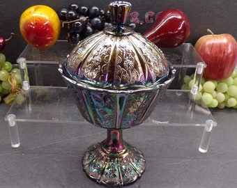 2502 Vintage Fenton 9" T x 5.5" W Amethyst Iridescent Carnival Glass Pedestal Compote Candy Dish- Lid has a Crack (Pic 2) Still Stunning