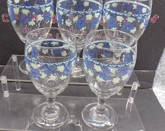 2212 Libbey 7" Tall Water Goblets Vintage Set of 5 Footed Stemmed Iced Tea Glasses with Blue & Teal Leaves