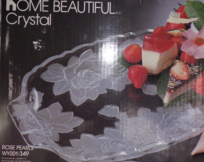 2206 Home Beautiful by Mikasa 13" Vintage Oblong Clear with Embossed Frosted Satin Roses - Rose Pearls / Winter Rose- Great Condition