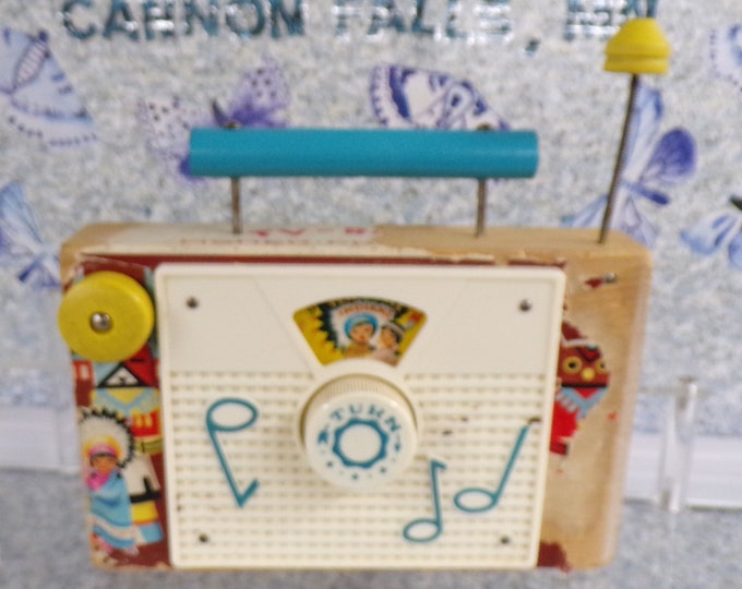 2210 Fisher Price TV Radio Musical Movement Vintage Wooden Wind Up "Ten Little Indians" Many Stickers missing.