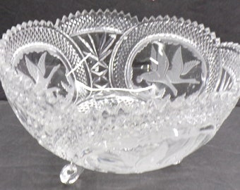 2212 Flying Goose / Geese Pattern 8.25" Bowl Vintage Footed Frosted 24% Lead Crystal Made in Germany - No Chips or Cracks