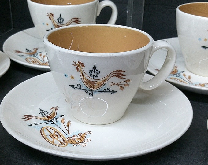 2403 Taylor Smith Taylor TST Weathervane Rooster Vintage 1960's 12 pc Set Ceramic Pottery (6) Cups & (6) Saucers - Great Condition