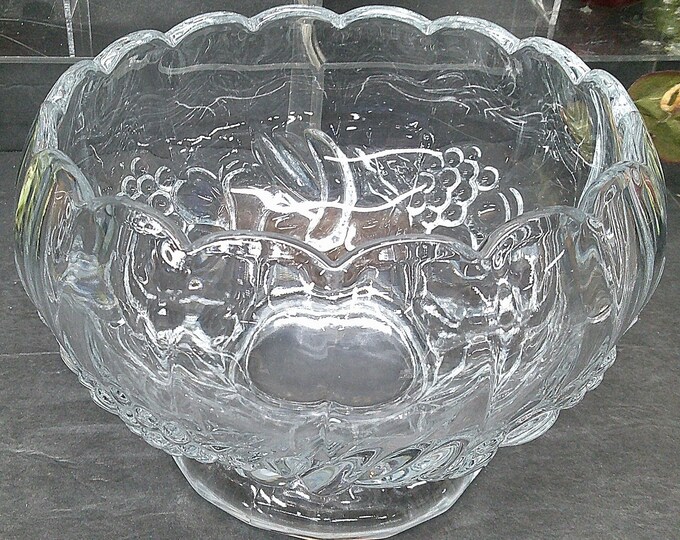 2312 Embossed Fruit Panel 5.5" Tall x 8" Wide Vintage Footed Glass Bowl - Good Condition No Chips or Cracks