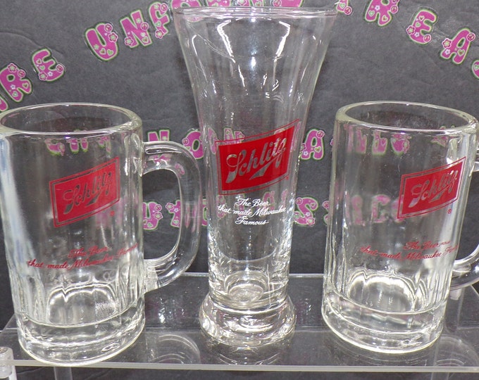 2212 Schlitz Beer Vintage Pilsner Glasses - Pair of 5.25" Glass Mugs and a 7.25" Tall Beer Glass- Good Condition No Chips or Cracks