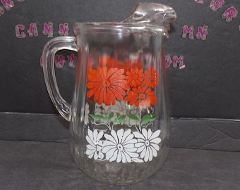 2301 Anchor Hocking Clear Paneled 80 oz 8.5" Vintage Glass Pitcher with Green, Orange and White Floral Daisies- Good Condition