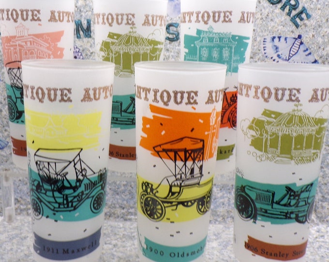 2211 Antique Autos Frosted Satin 6.75" Highball Tumblers Vintage Set of 6 - Tall & Narrow- No Chips or Cracks