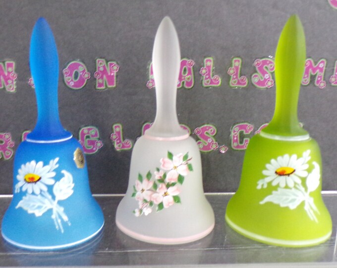 2212 Westmoreland Frosted Bells Vintage 5.5" Set of 3- Blue w/White Floral, Green w/White Floral & Clear w/Pink Floral - Good Condition