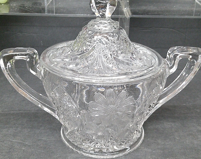 2403 Daisy & Starburst Pattern 5" x 6" Double Handle Candy Bowl / Sugar Dish with Lid - Chip on Lid Rim and Big Chip Lid Steeple