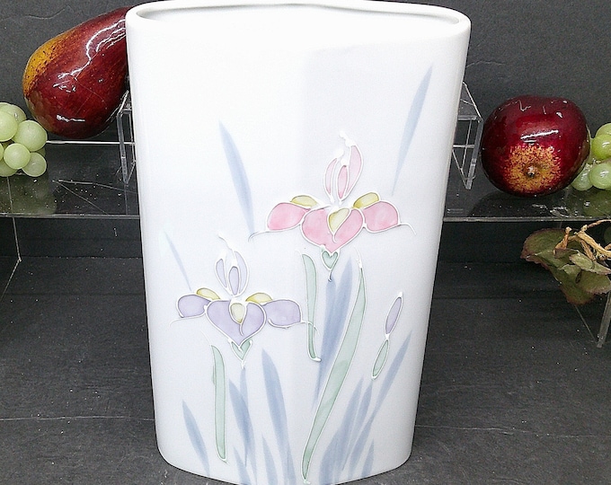 2401 Otagiri Floral Lite 10" Hand Painted Modern Fine China Vase - Pink, Purple, Blue Iris Flowers - Made in Japan - Great Condition