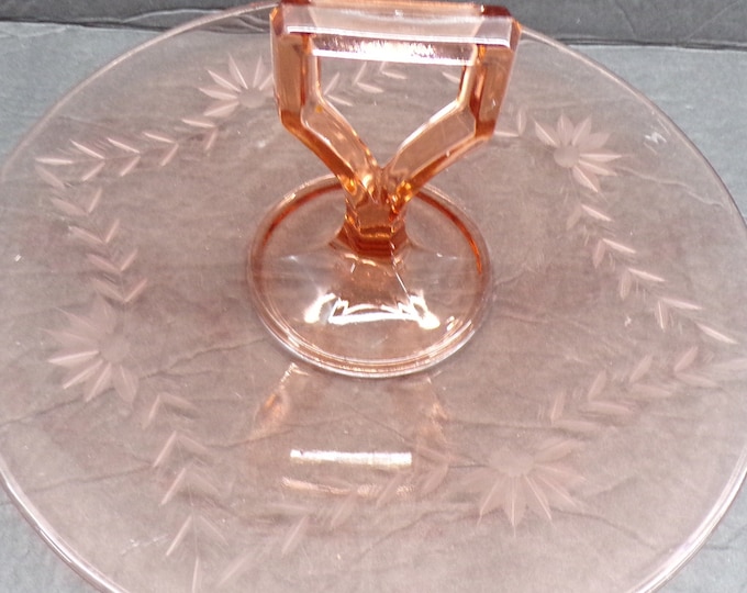 2301 Etched Floral Peach / Pink 10" Center Handle Depression Glass Serving Dish Platter - Good Condition No Chips or Cracks