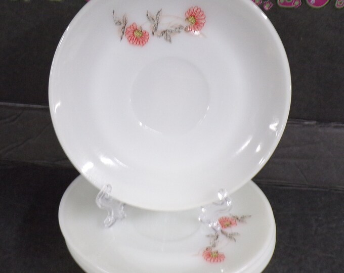 2301 Fire King Milk Glass Fleurette Pink Flowers 5.75" Saucers Vintage Set of 4 - Good Condition No Chips or Cracks