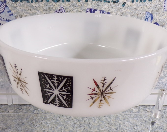 2210 Federal Glass Atomic Starburst Vintage 9.5" Black Gold Snowflake Baking / Mixing Bowl - No Chips or Cracks