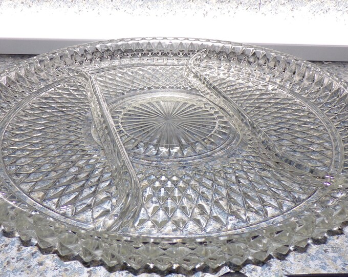2207 Indiana Glass Diamond Point Divided Dish Platter Tray 12" Vintage - Good  Condition No Chips or Cracks