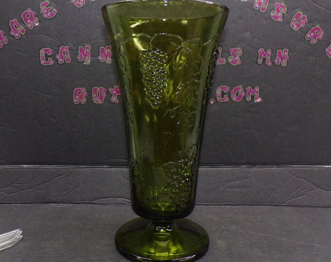 2301 Indiana Glass Spruce Green Grape & Cable Vintage 9.75" Footed Vase- Good Condition No Chips or Cracks