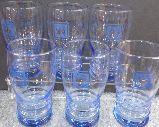 2210 Libbey Glass Blue Bangels 6.25" Tall Pear Tumblers Vintage Set of 6 - Good Condition No Chips or Cracks