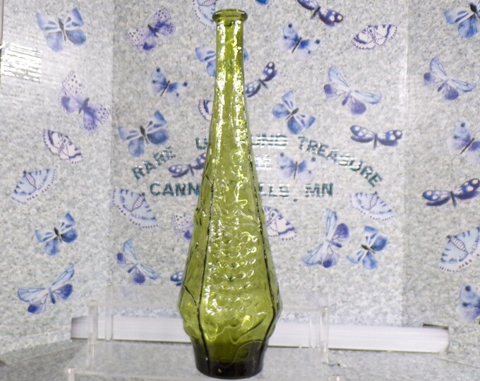 2210 Green Glass Decanter Bottle Vase 15.75" Tall Vintage Fruit Bowl Pattern - No Stopper - No Chips or Cracks