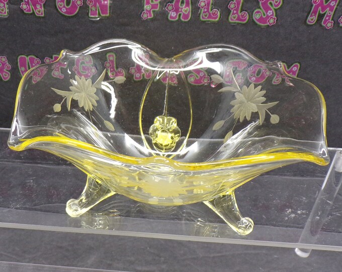 2212 Lancaster Glass Yellow Topaz Cable Bowl with Etched Flowers Beautiful Vintage 6" Footed - Great Condition No Chips or Cracks