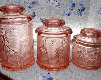 Indiana Glass Tiara Exclusives Vintage Peach / Pink Chantilly Sandwich 6 pc Canister/ Jar Set w/Lids - 9", 7.5" & 6" - Excellent Condition