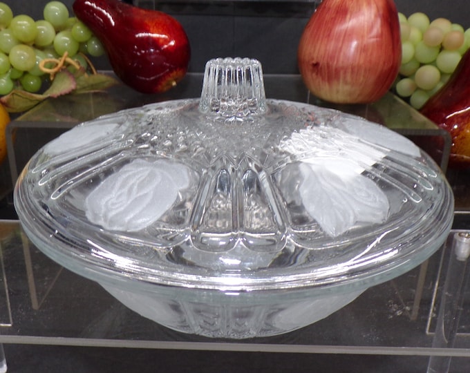 2302 KIG Glass Gift Gallery Frosted Roses 7" Candy Dish with Lid Vintage Glass - New in Open Box