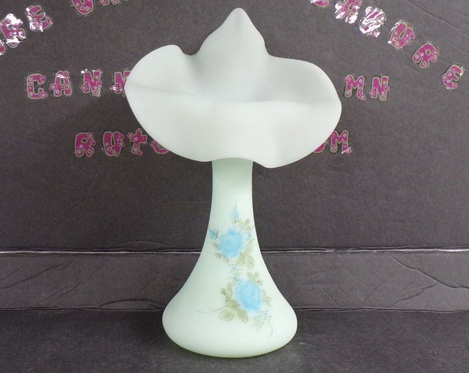 2212 Fenton Blue Roses on Barely Blue Vintage Satin 10" Jack in the Pulpit Vase - Signed K. Rauderman - Great Condition No Chips or Cracks