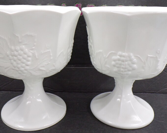 2212 Indiana Glass / Colony Milk Glass Opaque White Paneled Grape 6.5" Compote Footed Candy Dish Bowl Set of 2- Good Condition