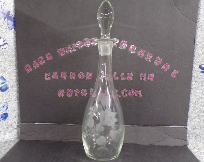 2212 Beautiful Glass Whiskey Decanter with Etched Flowers Vintage 16" Tall with Stopper - No Chips or Cracks