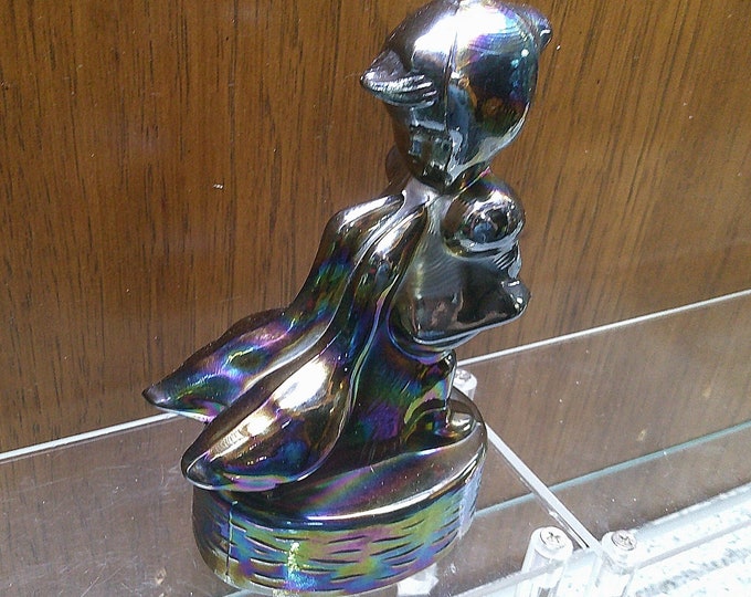 2404 LE Smith Glassworks Goose Girl Beautiful Electric Amethyst Carnival Glass 6" Modeled After the Famous Hummel Goose Girl- Great Cond