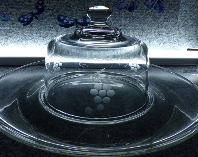 2206 Etched Flowers 13" Glass Serving Tray Platter with Dome Center Cover- Great Condition No Chips or Cracks
