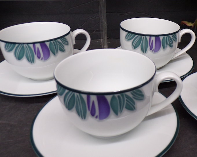 2311 Dansk Eden Set of 7 Made in Portugal (3) 8 oz Cups and (4) Saucers- Purple & Teal Floral- Great Condition