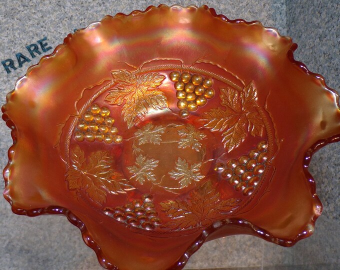 2209 Fenton Marigold Carnival Glass 8" Vintage 3 Footed Bowl- Grape & Cable Design- Chips on Feet