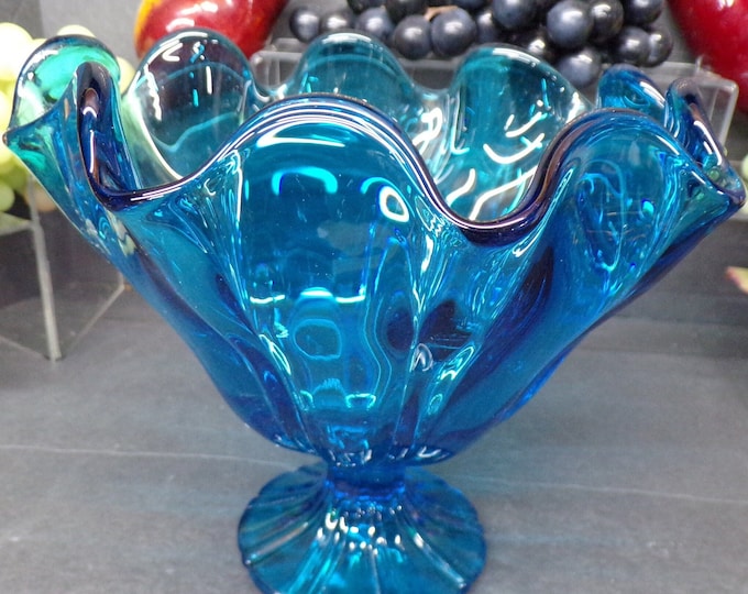 2305 LE Smith Peacock Blue Art Glass 7" Tall x 8" Wide Vintage Handkerchief Compote or Centerpiece - Good Condition No Chips or Cracks