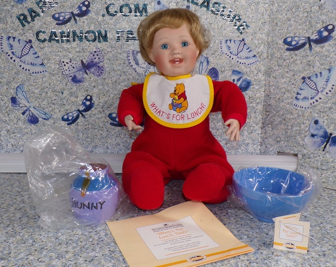 2210 Ashton Drake Gallery Vintage Collectable Doll "Whats For Lunch Pooh?" Certificate of Authenticity Included - Good Vintage Condition