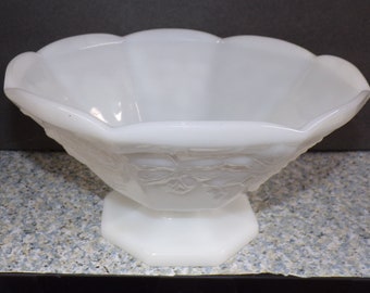 2210 Embossed Harvest Grape Pattern Vintage Milk Glass 9.5" Footed Pedestal Compote Candy Dish