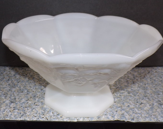2210 Embossed Harvest Grape Pattern Milk Glass 9.5" Footed Pedestal Compote Candy Dish Vintage - Good Condition No Chips or Cracks