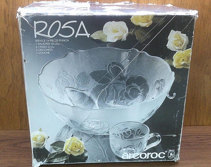 2410 Arcoroc Rosa Clear Rose Beautiful Rosaline Textured Tempered Glass Vintage Punch Bowl Set - 11" Bowl, 6 Cups & Ladle - Great Condition